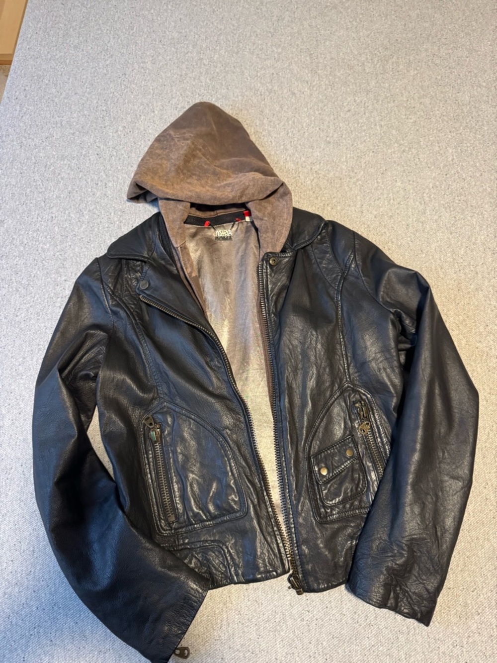 Doma Black Leather Bomber Jacket with Brown Hood
